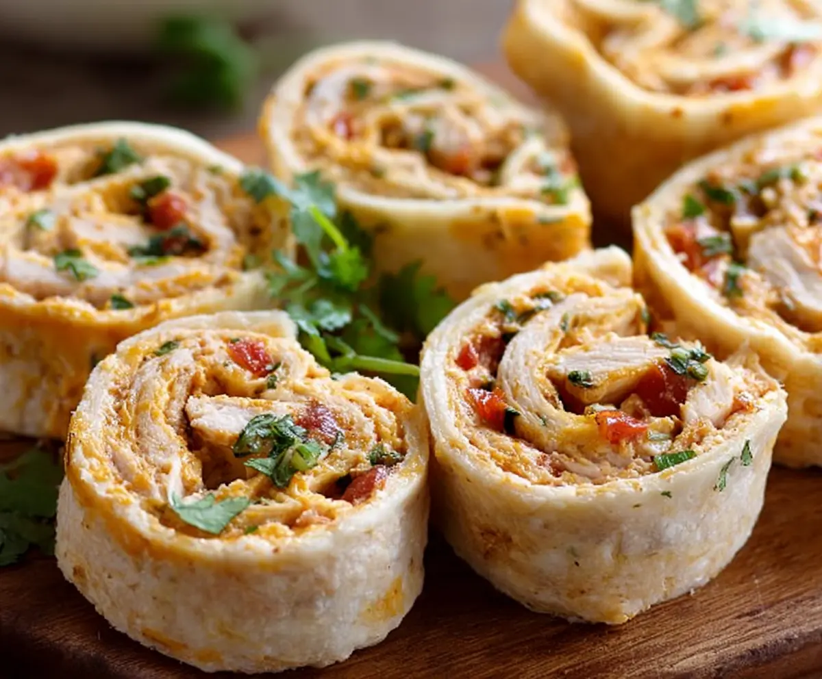 Delicious Mexican Chicken Pinwheel Roll-ups with colorful tortillas and melted cheese.