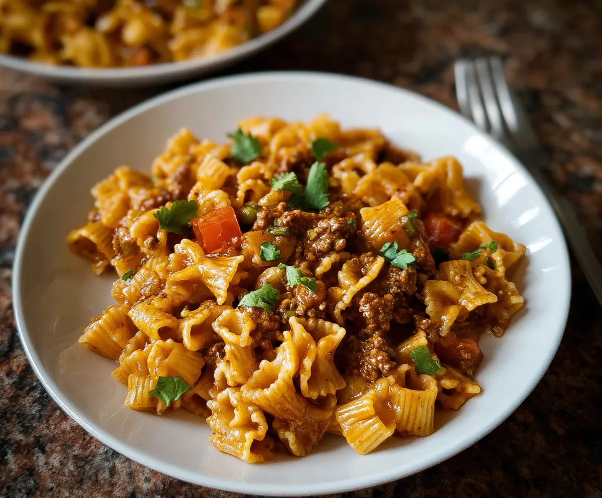 Delicious Mexican pasta dish with colorful vegetables and spicy sauce