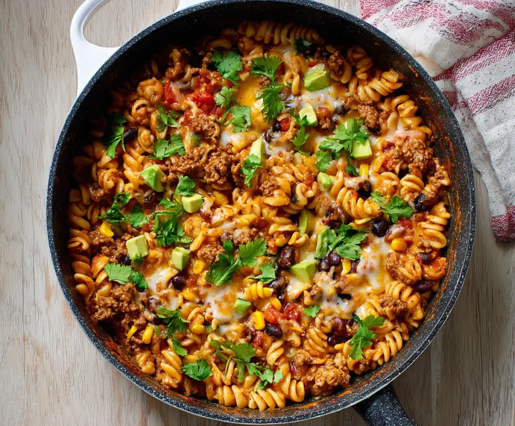 Delicious one pot taco pasta featuring seasoned ground beef, pasta, and vibrant toppings in a single serving bowl.