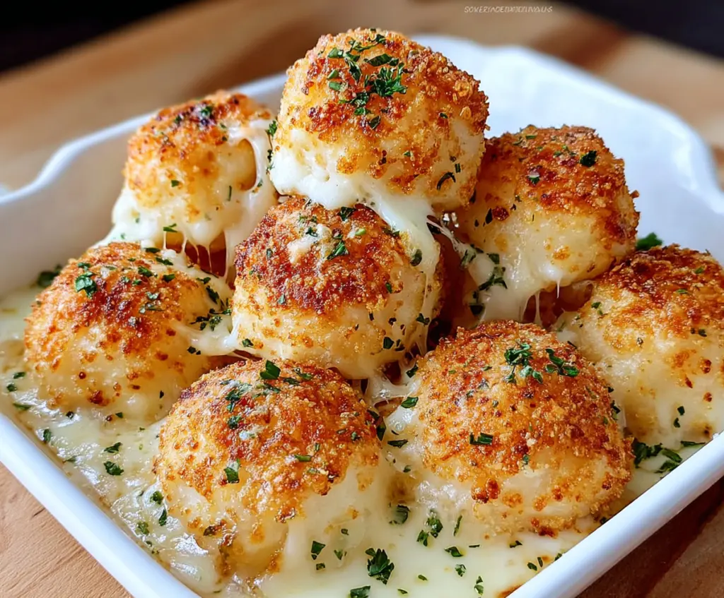 Delicious Parmesan mozzarella bites on a serving tray, perfect for appetizers or parties.