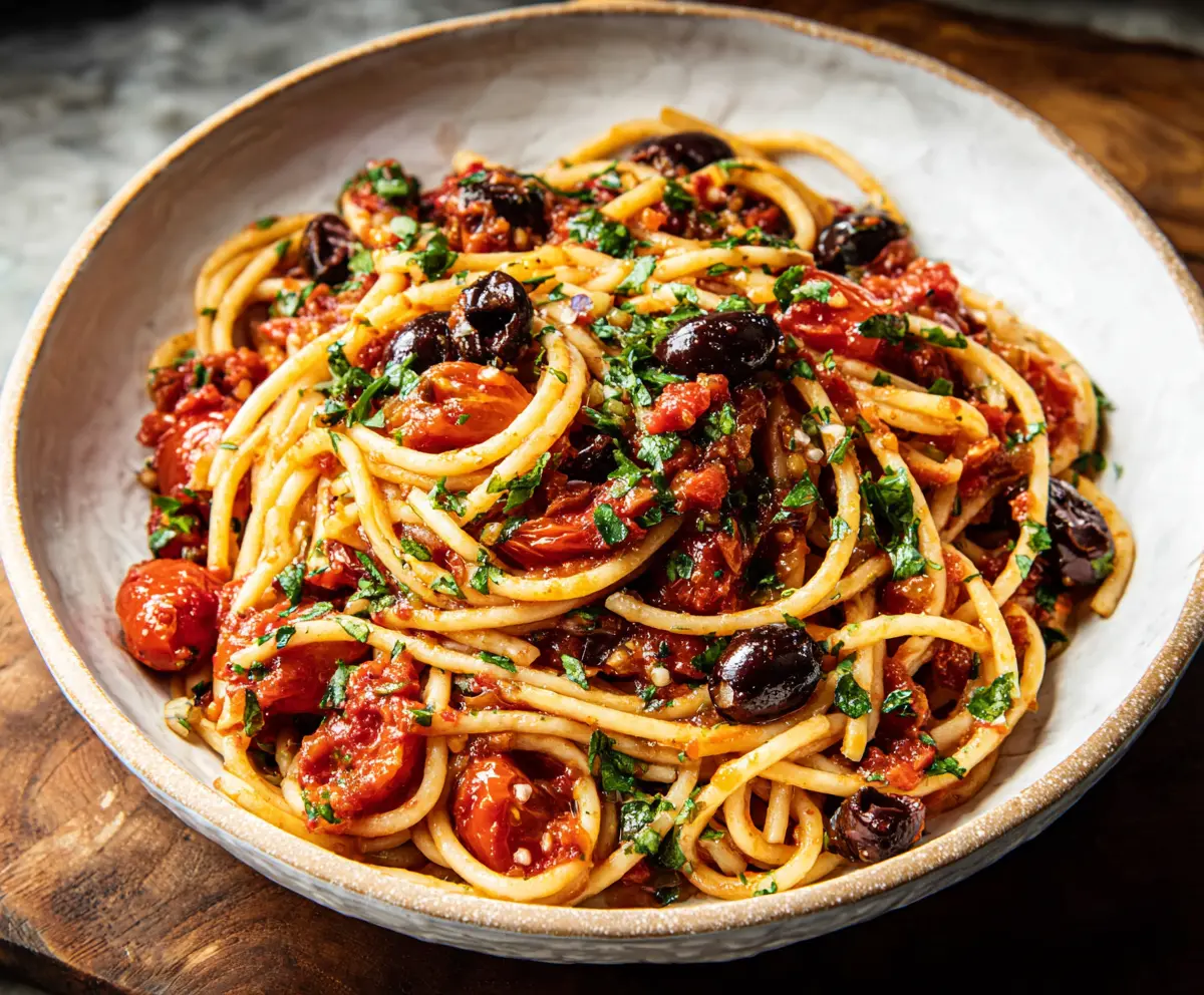 Delicious homemade Pasta Puttanesca with olives, capers, and cherry tomatoes on a rustic plate