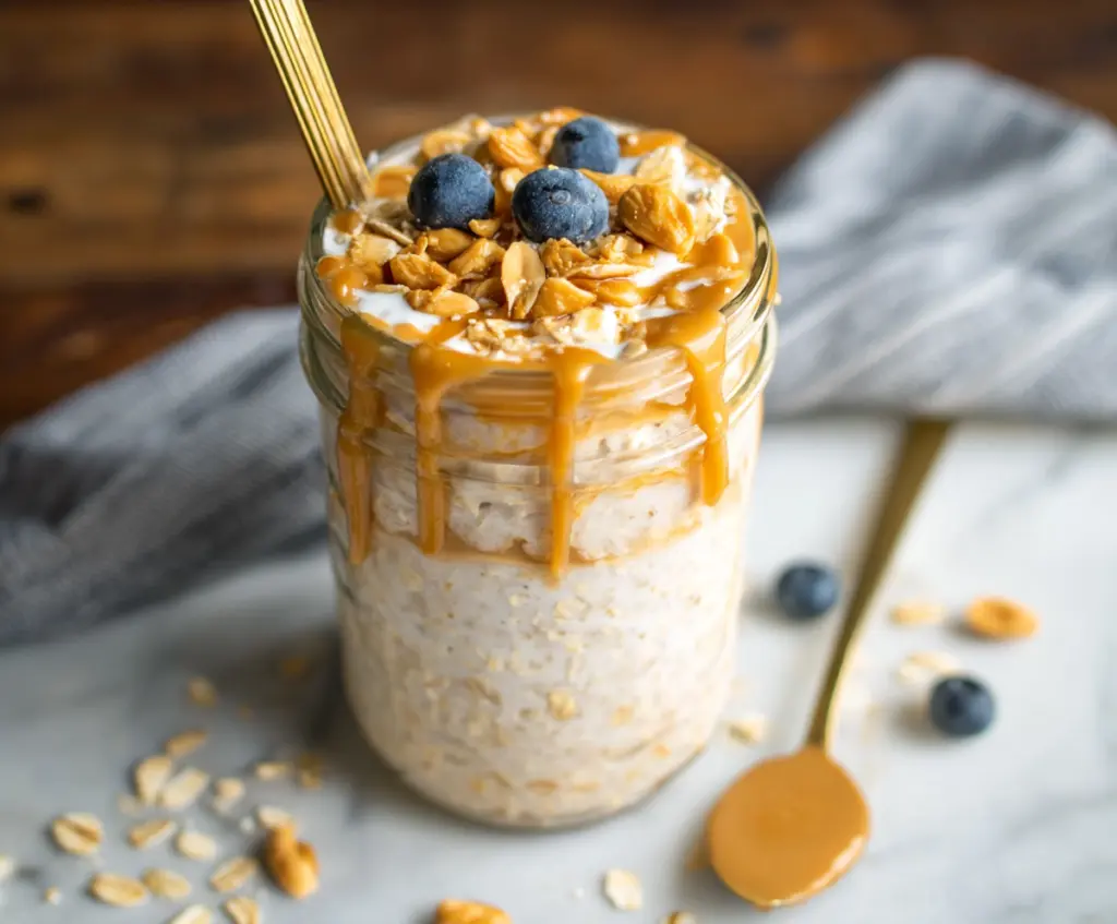 Creamy peanut butter overnight oats in a glass jar topped with fresh berries and chia seeds