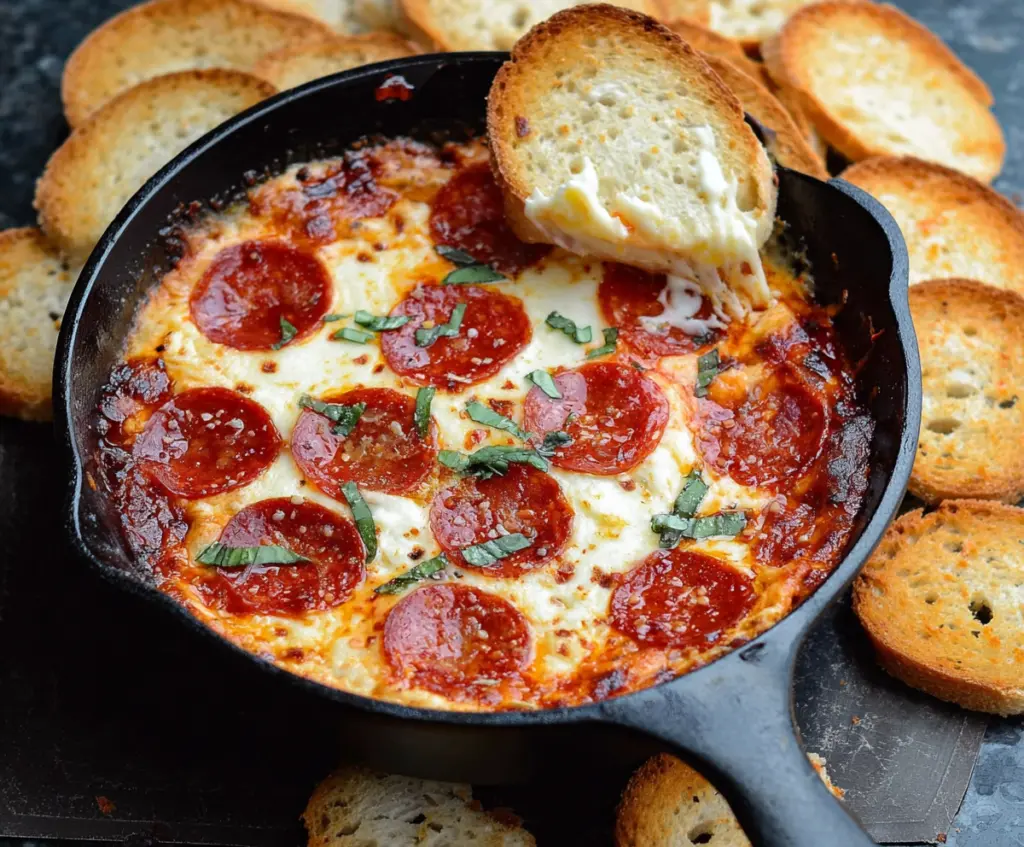 Delicious pepperoni and cream cheese pizza dip served in a bowl, perfect for parties and snacks.