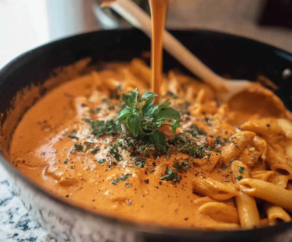 Delicious Pesto Vodka Sauce Pasta served on a white plate with fresh basil garnish