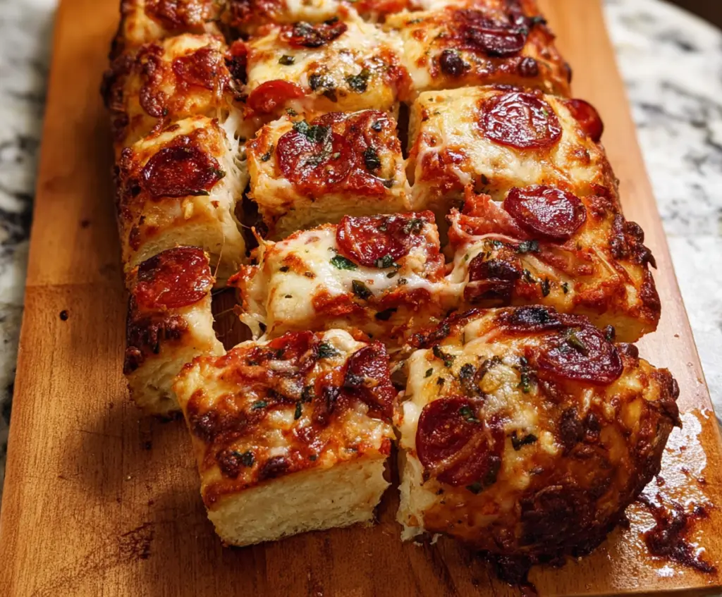 Delicious homemade pizza bread with melted cheese and toppings ready to serve