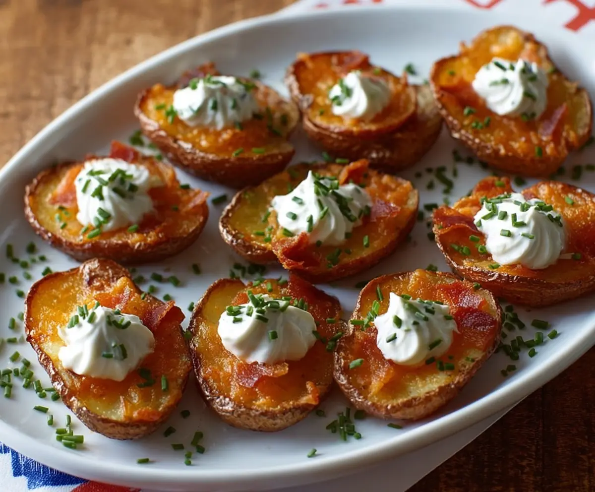 Crispy potato skin bites topped with melted cheese and fresh herbs, served as a savory appetizer.