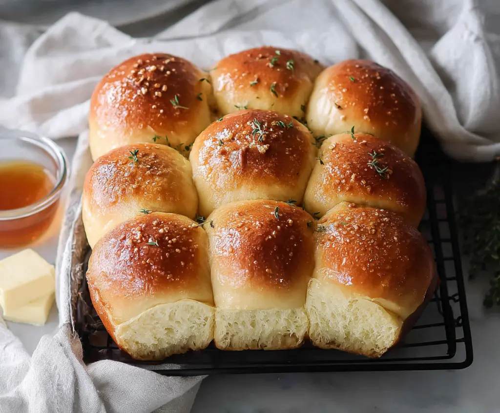 Freshly baked pull apart sourdough dinner rolls on a rustic table, showcasing their golden crust and soft layers.
