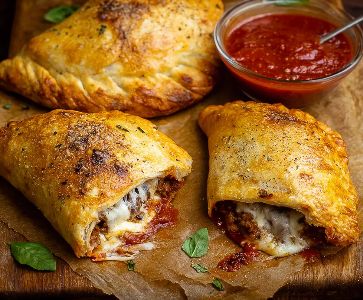 Delicious sausage calzones with melted cheese and golden crust, perfect for a savory snack or meal.