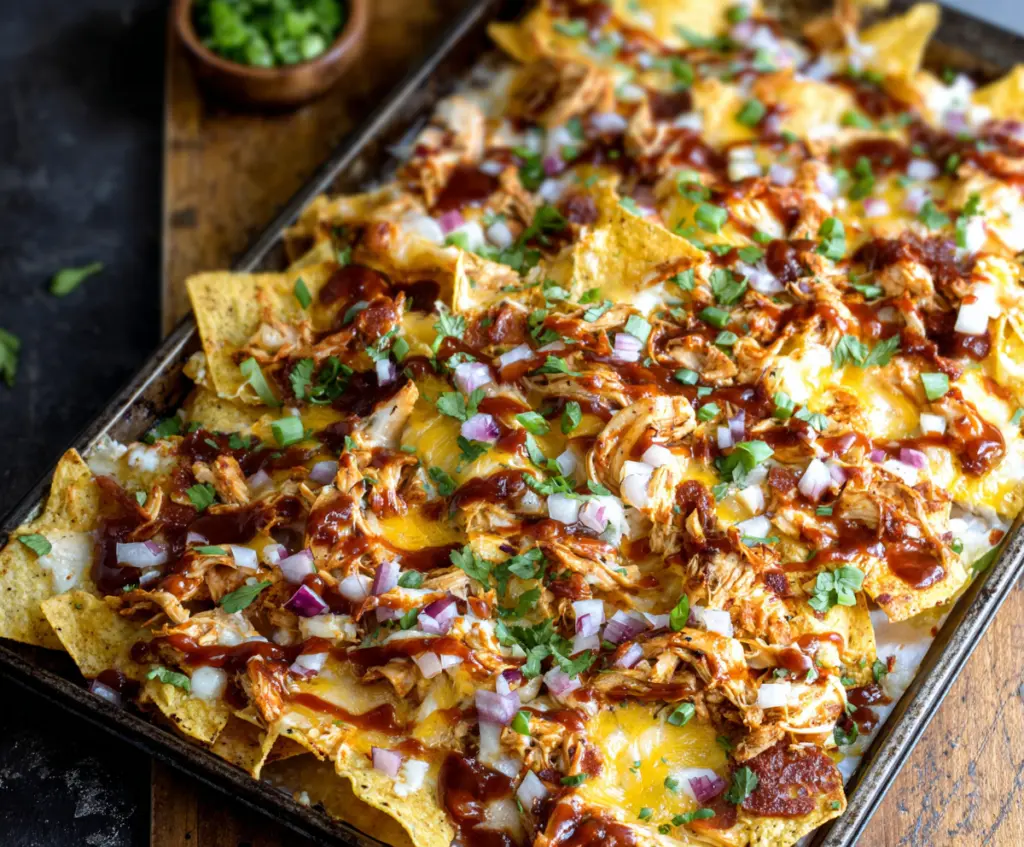 Delicious Sheet Pan BBQ Chicken Nachos with melted cheese, crispy chips, and fresh toppings.