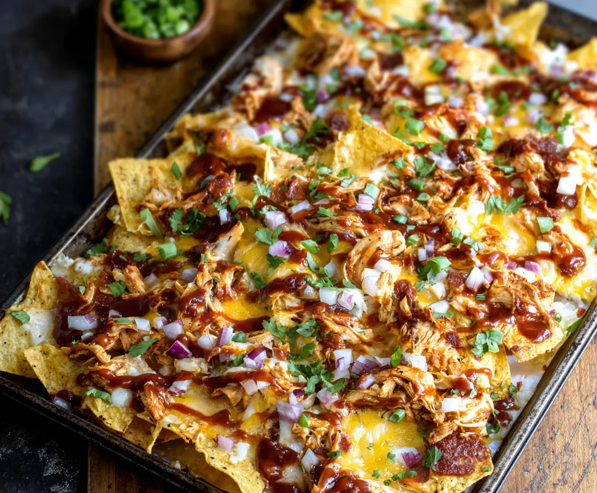 Delicious Sheet Pan BBQ Chicken Nachos with melted cheese, crispy chips, and fresh toppings.