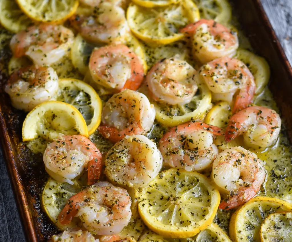 Delicious sheet pan lemon herb shrimp with fresh herbs and lemon slices on a baking sheet