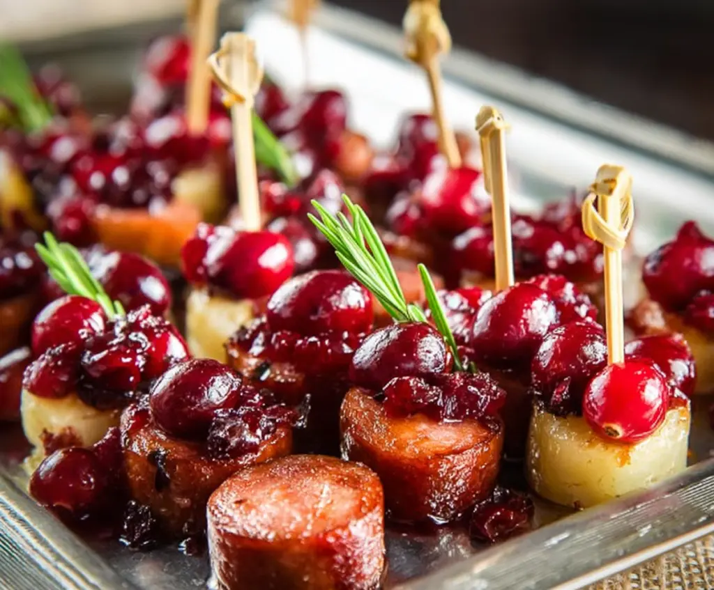 Delicious sheet pan smoked sausage cranberry bites served on a wooden platter with fresh garnishes.