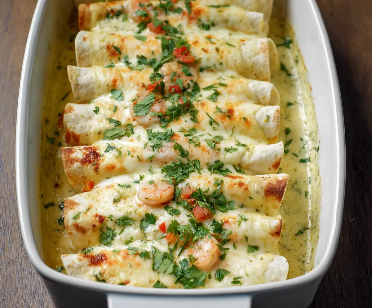 Delicious shrimp enchiladas topped with creamy poblano sauce on a plate garnished with cilantro.