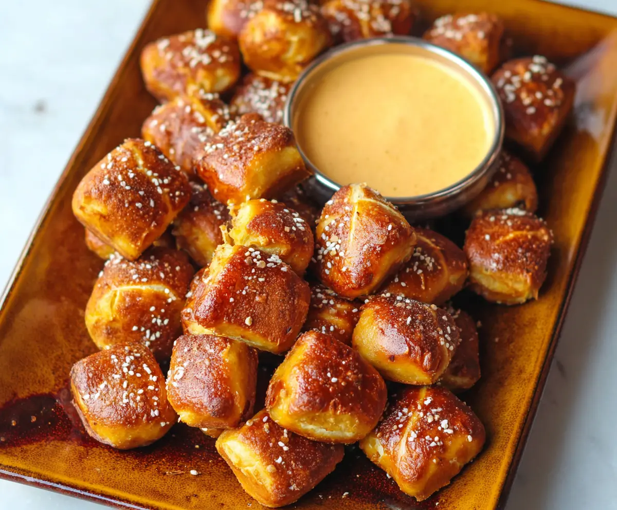 Delicious soft pretzel bites served with mustard on a rustic wooden board.