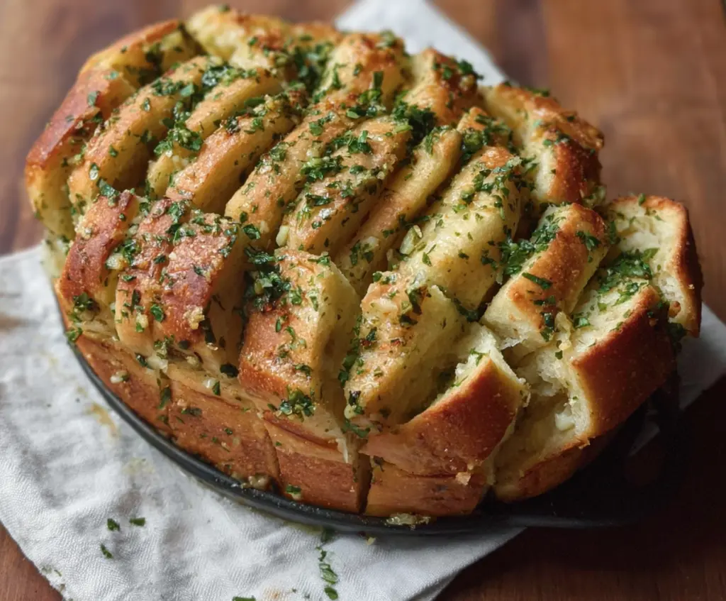 Delicious sourdough discard garlic pull apart bread on a wooden serving board.