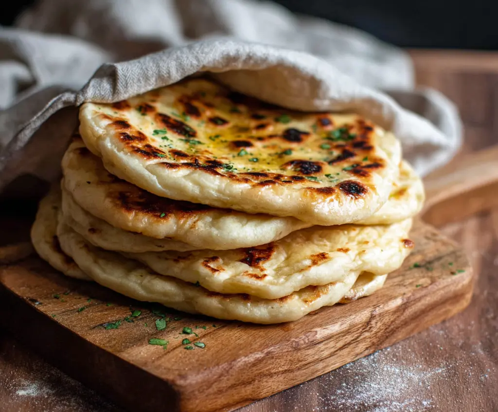 Homemade sourdough discard naan bread fresh out of the oven, showcasing a golden crust and soft interior.