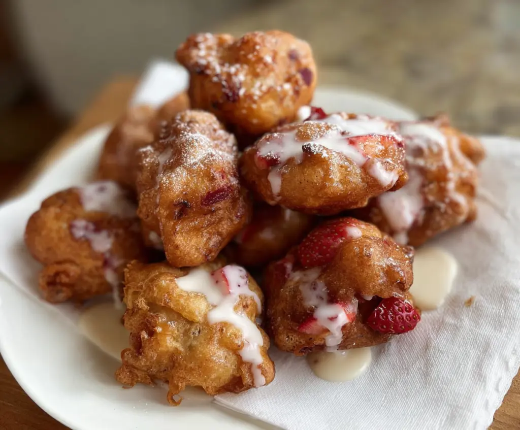 Delicious sourdough discard strawberry fritters with fresh strawberries and crispy coating