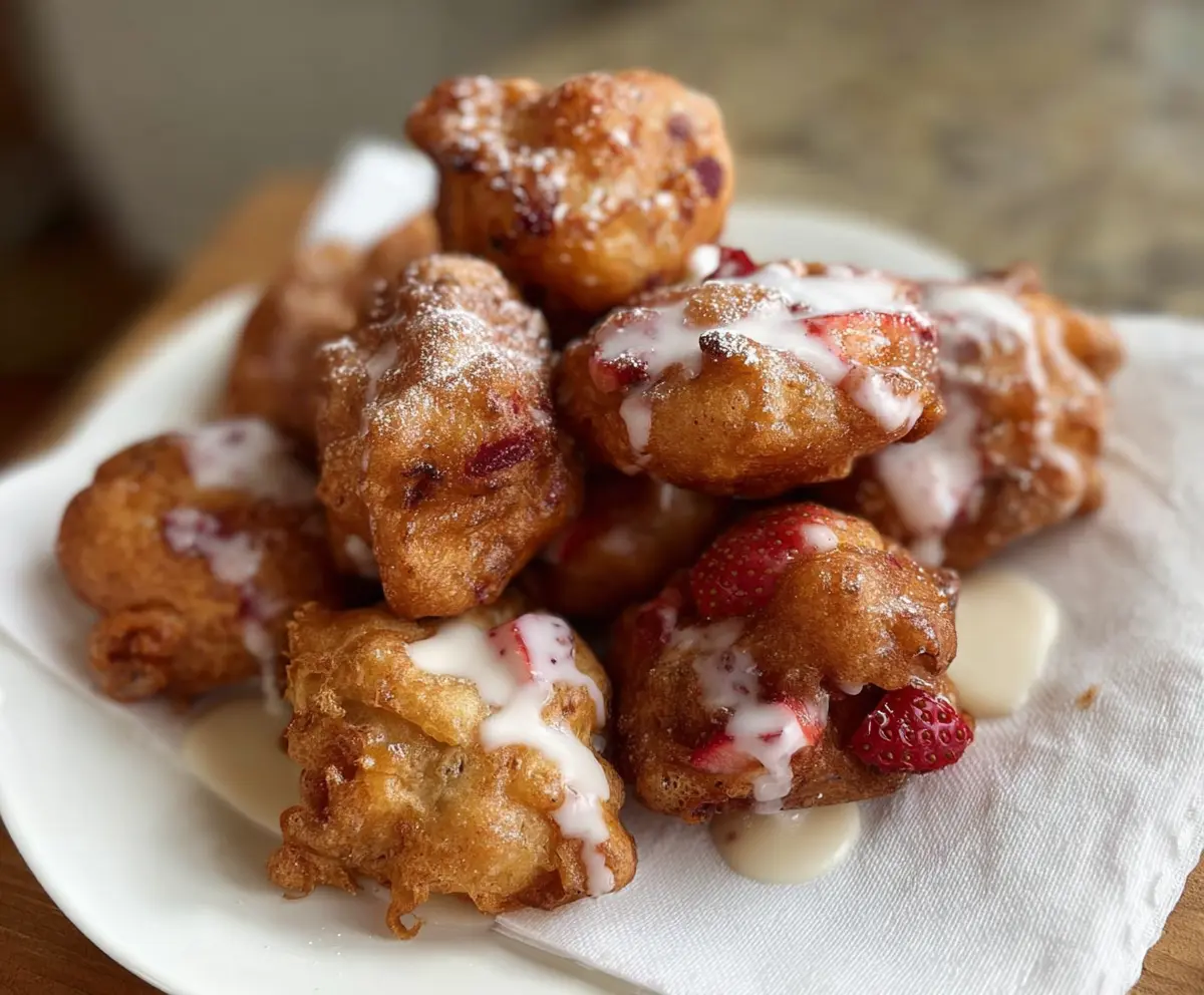 Delicious sourdough discard strawberry fritters with fresh strawberries and crispy coating