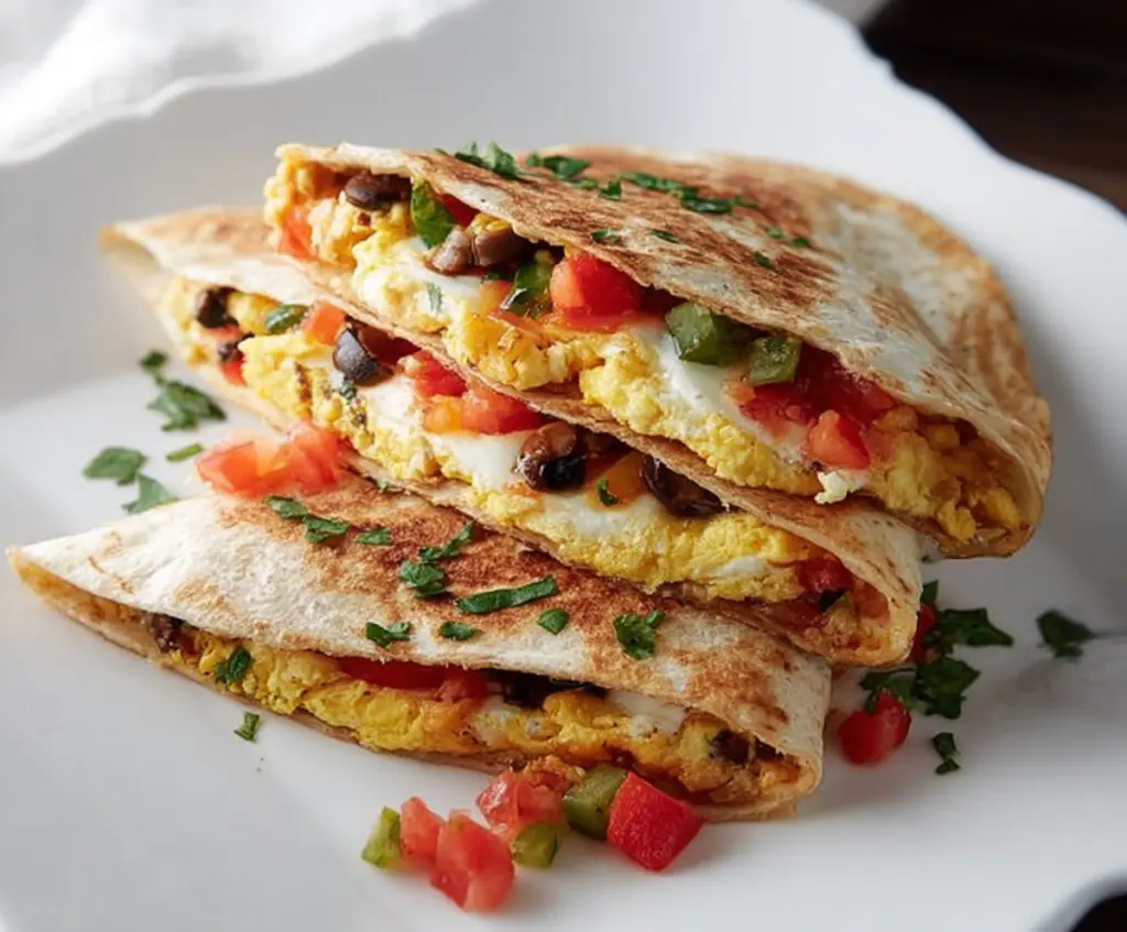Southwest Breakfast Quesadilla filled with scrambled eggs, cheese, peppers, and spices rolled in a crispy tortilla.