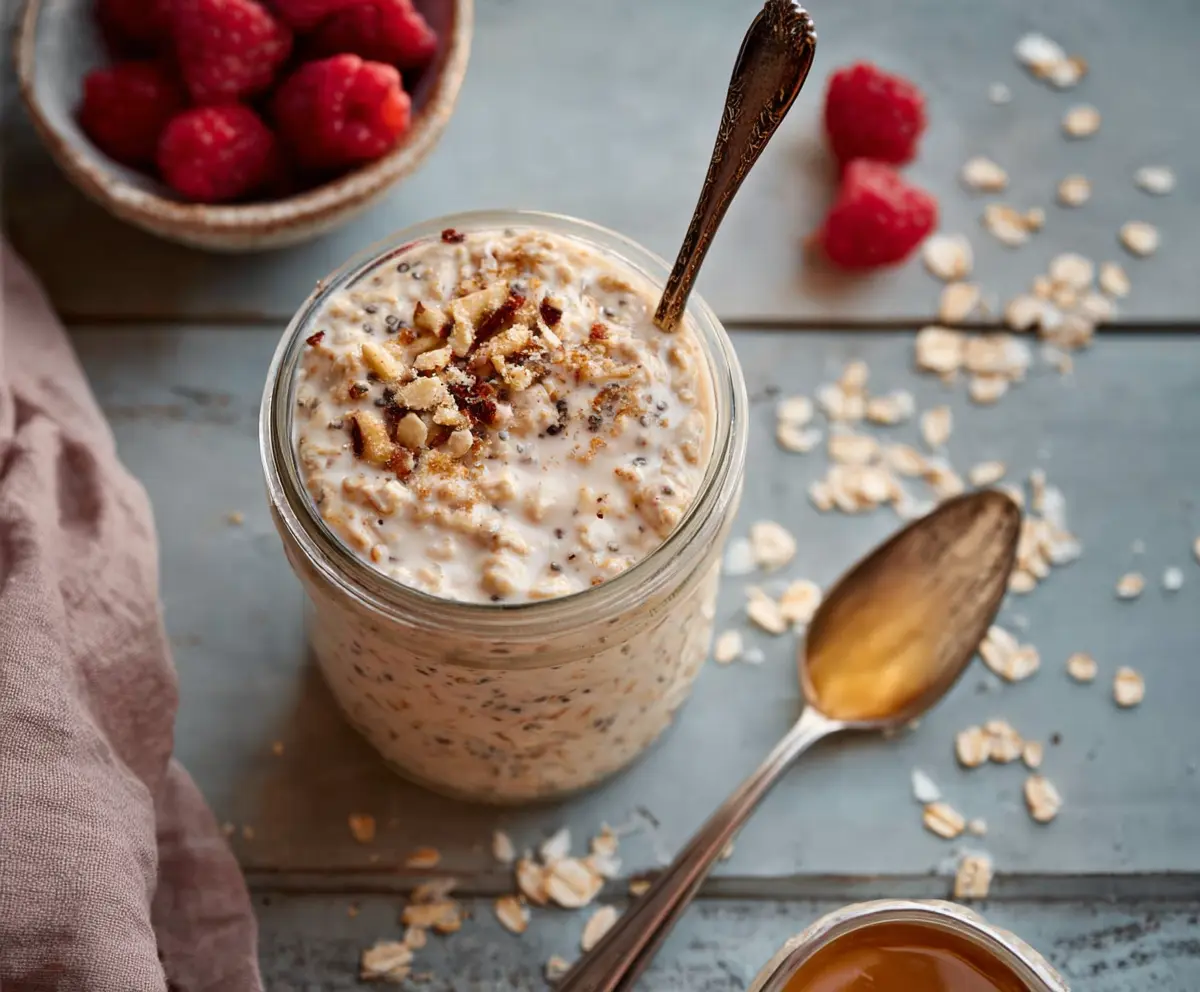 Creamy Sugar Cookie Overnight Oats topped with sprinkles and sugar cookie crumbles for a delicious breakfast.