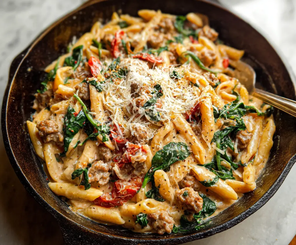 Delicious Tuscan Sausage Pasta with fresh herbs and creamy sauce on a plate