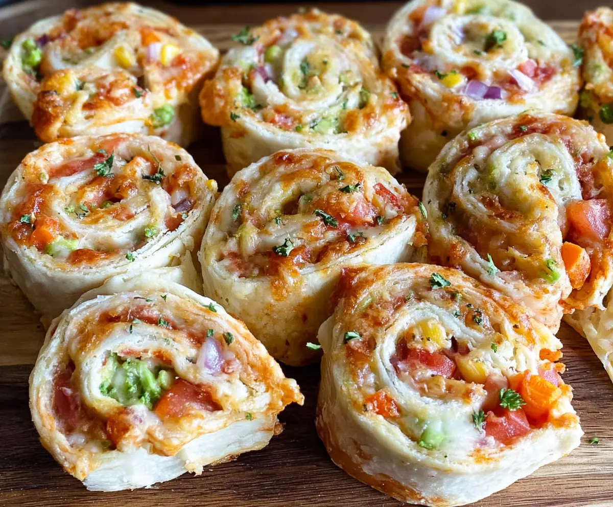 Delicious veggie pizza pinwheels with colorful vegetables and melted cheese on golden crust.