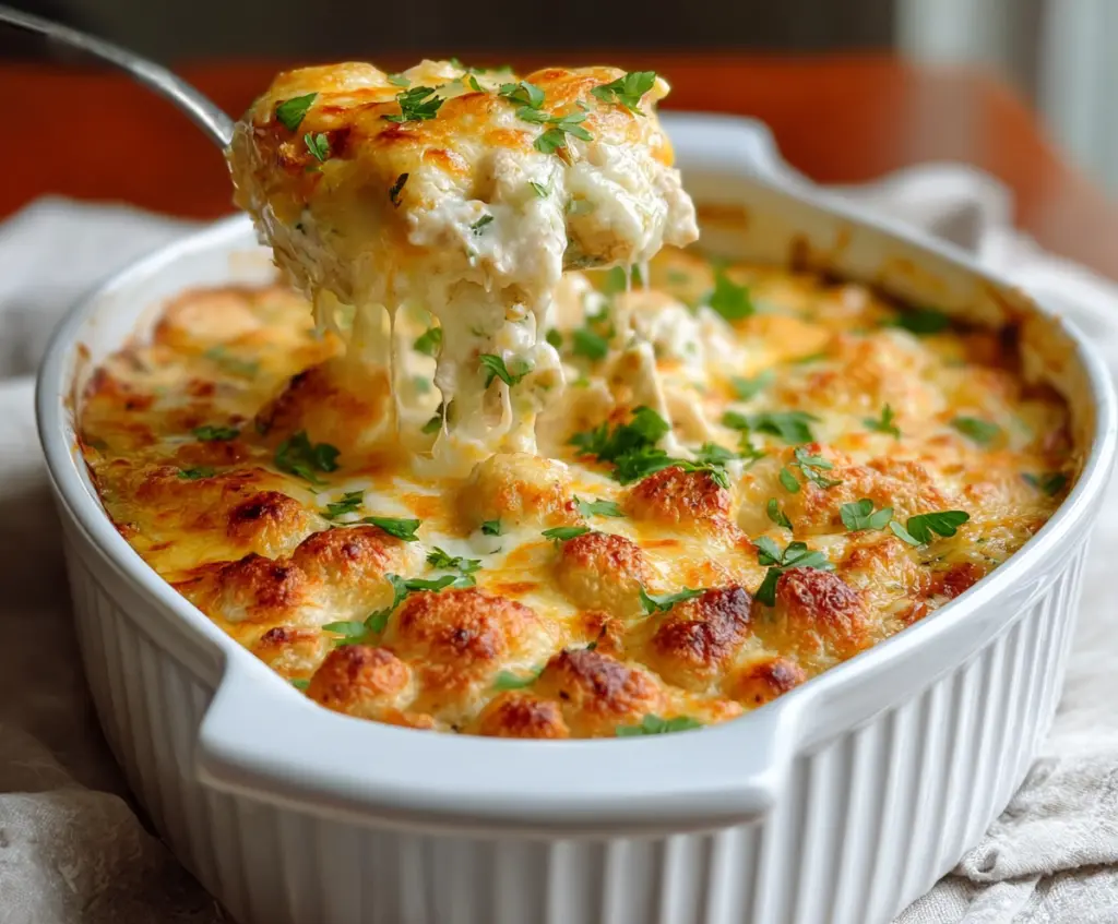 Delicious white chicken chili cottage cheese winter bake served in a bowl, garnished with herbs.