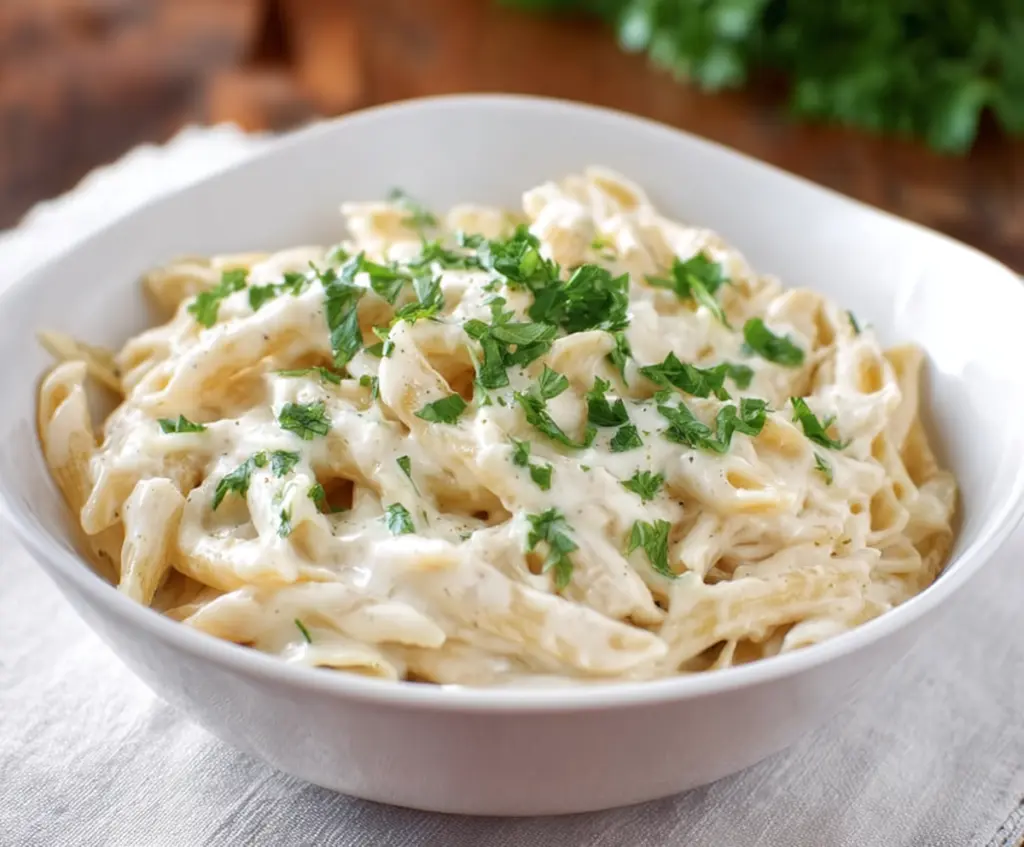 Creamy white pasta sauce served over al dente pasta in a white bowl.