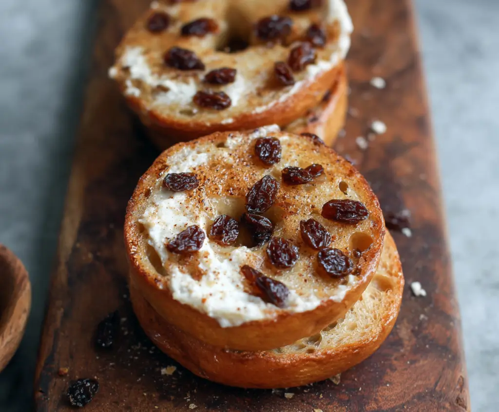 Delicious homemade cinnamon raisin Greek yogurt bagels on a plate, showcasing a five-ingredient recipe.