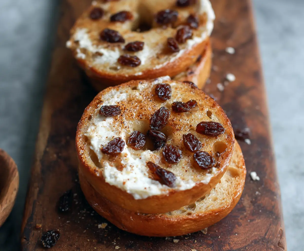 Delicious homemade cinnamon raisin Greek yogurt bagels on a plate, showcasing a five-ingredient recipe.