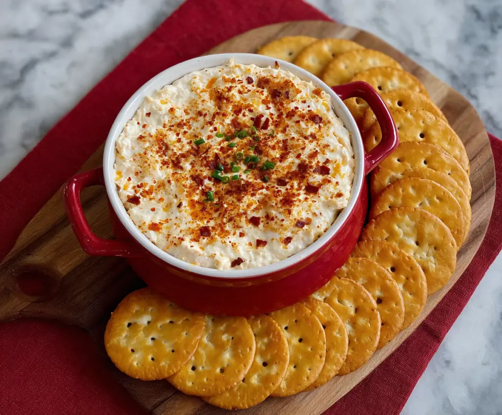 Spicy Alabama Fire Cracker Dip served with tortilla chips, perfect for entertaining guests at a party.