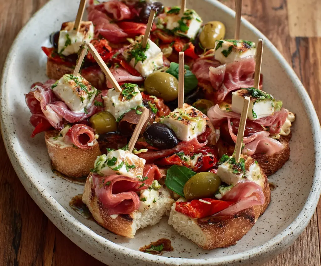 Close-up of Antipasto Bites featuring assorted cured meats, cheeses, and olives on a platter.