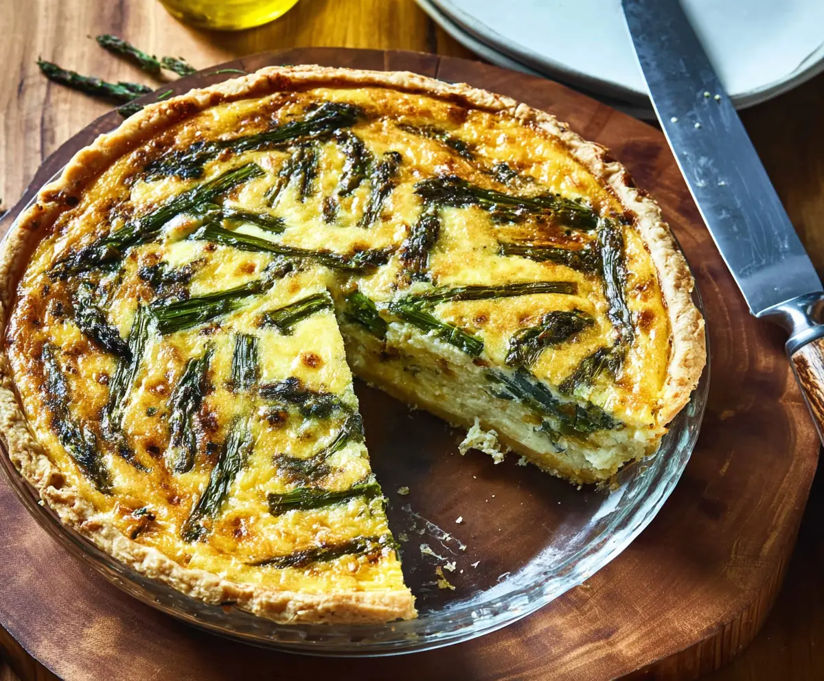 Delicious asparagus and Gruyere cheese quiche on a rustic plate, perfect for brunch or lunch.