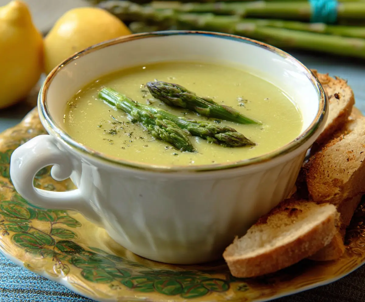 Creamy asparagus and leek soup served in a bowl for a healthy appetizer.