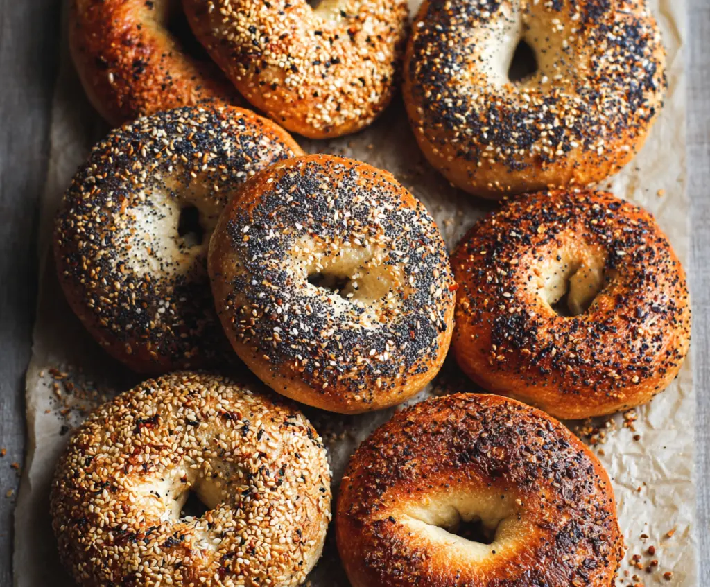 Freshly baked authentic New York style bagels with a shiny golden crust on a wooden surface.