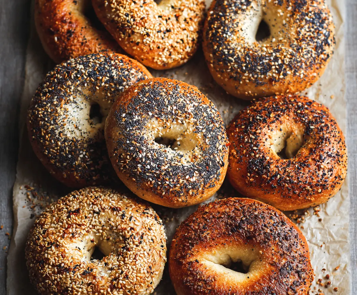 Freshly baked authentic New York style bagels with a shiny golden crust on a wooden surface.