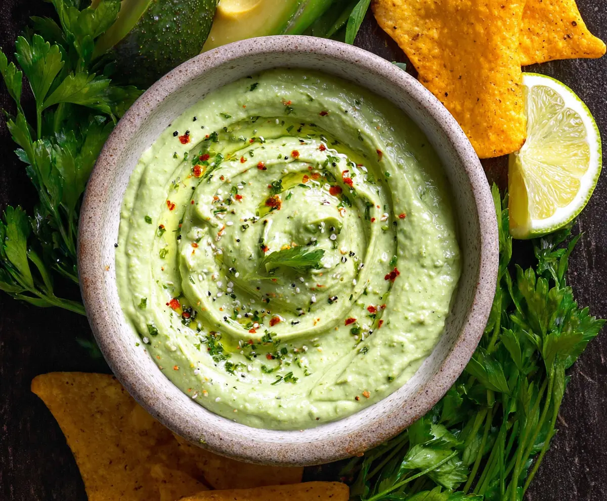 Creamy avocado dip with fresh herbs and a hint of lime, perfect for snacks and parties.