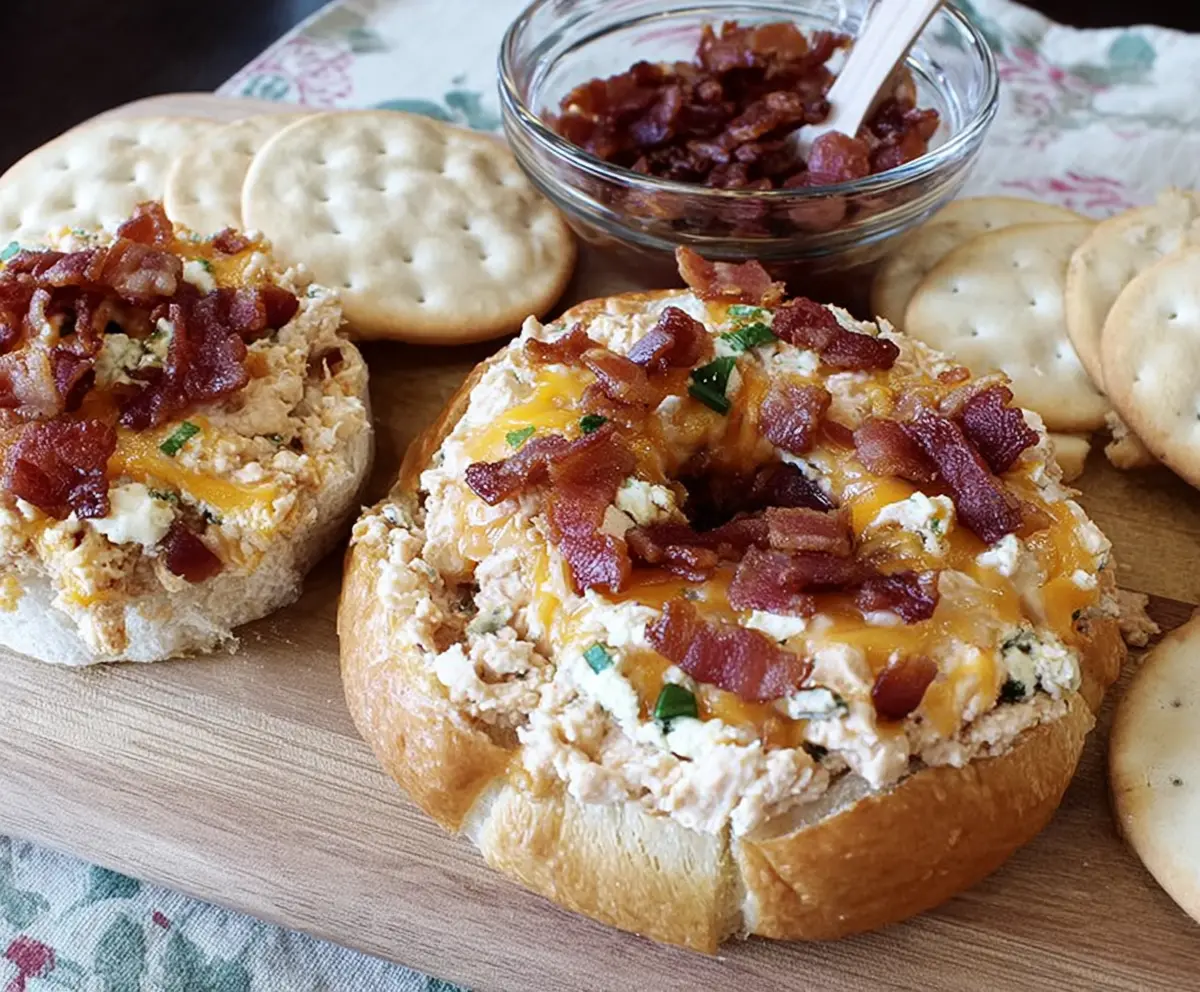 Delicious Bacon Cheese Ring Party Dip served on a platter, perfect for gatherings and celebrations.
