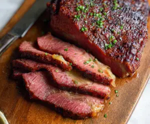 Delicious baked corned beef served with vegetables on a plate