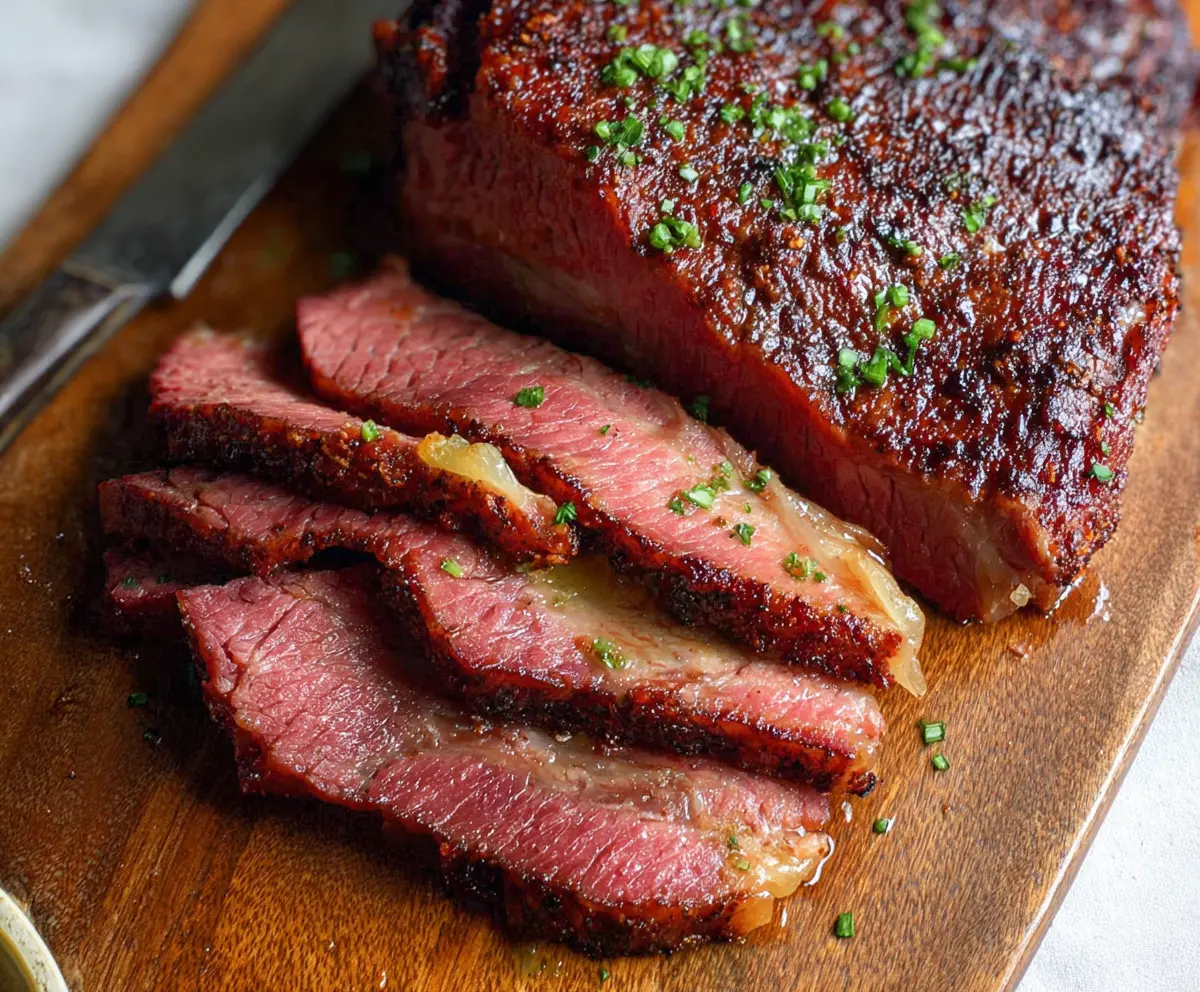 Delicious baked corned beef served with vegetables on a plate