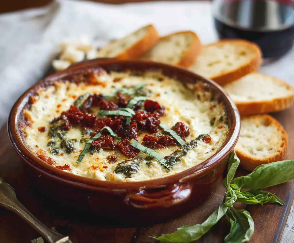 Delicious baked pesto and sun-dried tomato dip served in a bowl, perfect for snacks and parties