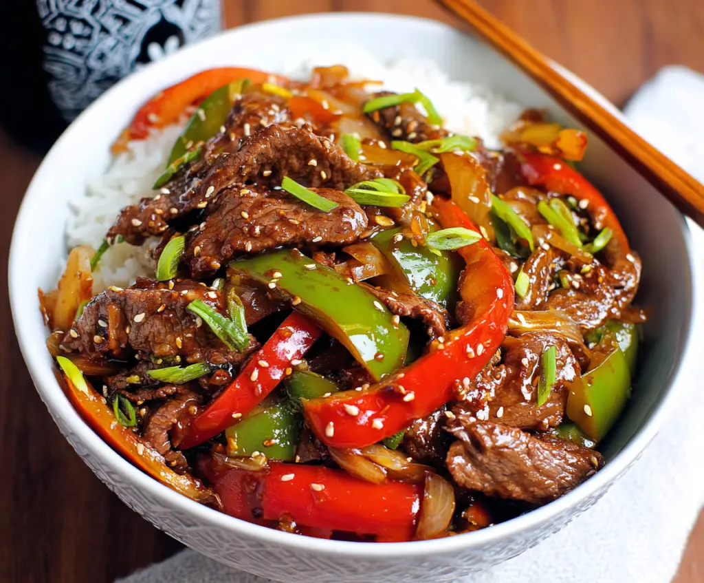 Delicious beef stir fry with colorful vegetables served in a white bowl.