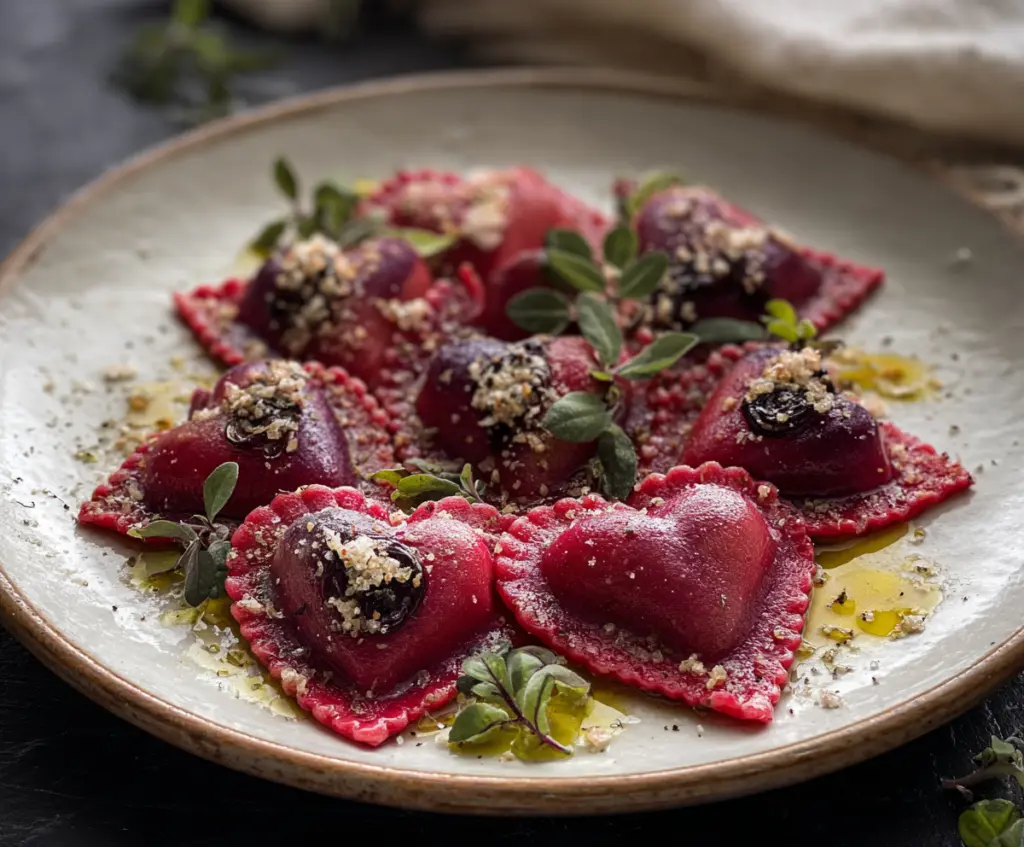 Delicious beet heart ravioli with vibrant red color and fresh basil garnish on a white plate.