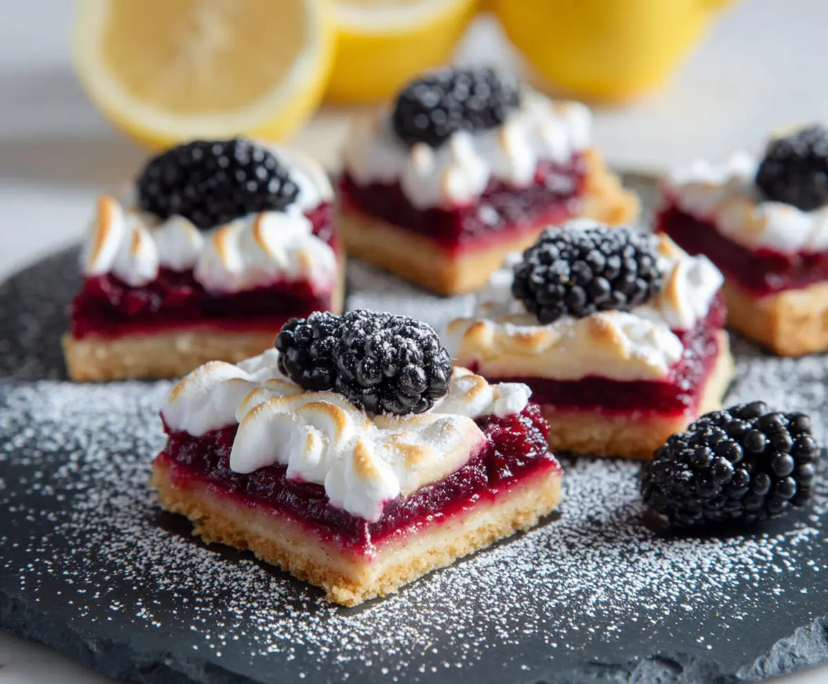 Delicious Blackberry Lemon Squares dessert with a vibrant yellow and purple color palette.