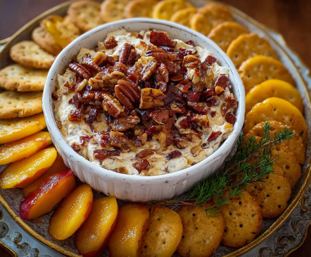 Delicious Bourbon Peach Pecan Dip served in a bowl, perfect for snacks and parties.