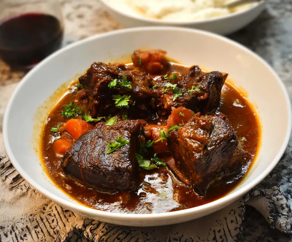 Delicious braised short ribs served with vegetables on a rustic plate