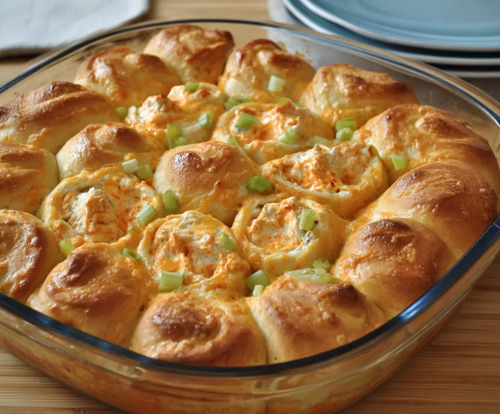 Buffalo Chicken Crescent Roll Bake served hot with crispy edges and spicy flavor.