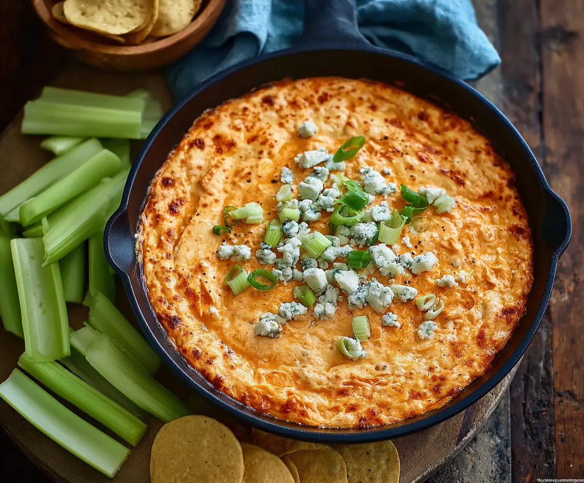 Creamy buffalo chicken dip topped with blue cheese crumbles, perfect for game day snacks.