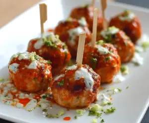 Delicious buffalo chicken meatballs served with blue cheese dressing on a rustic plate.