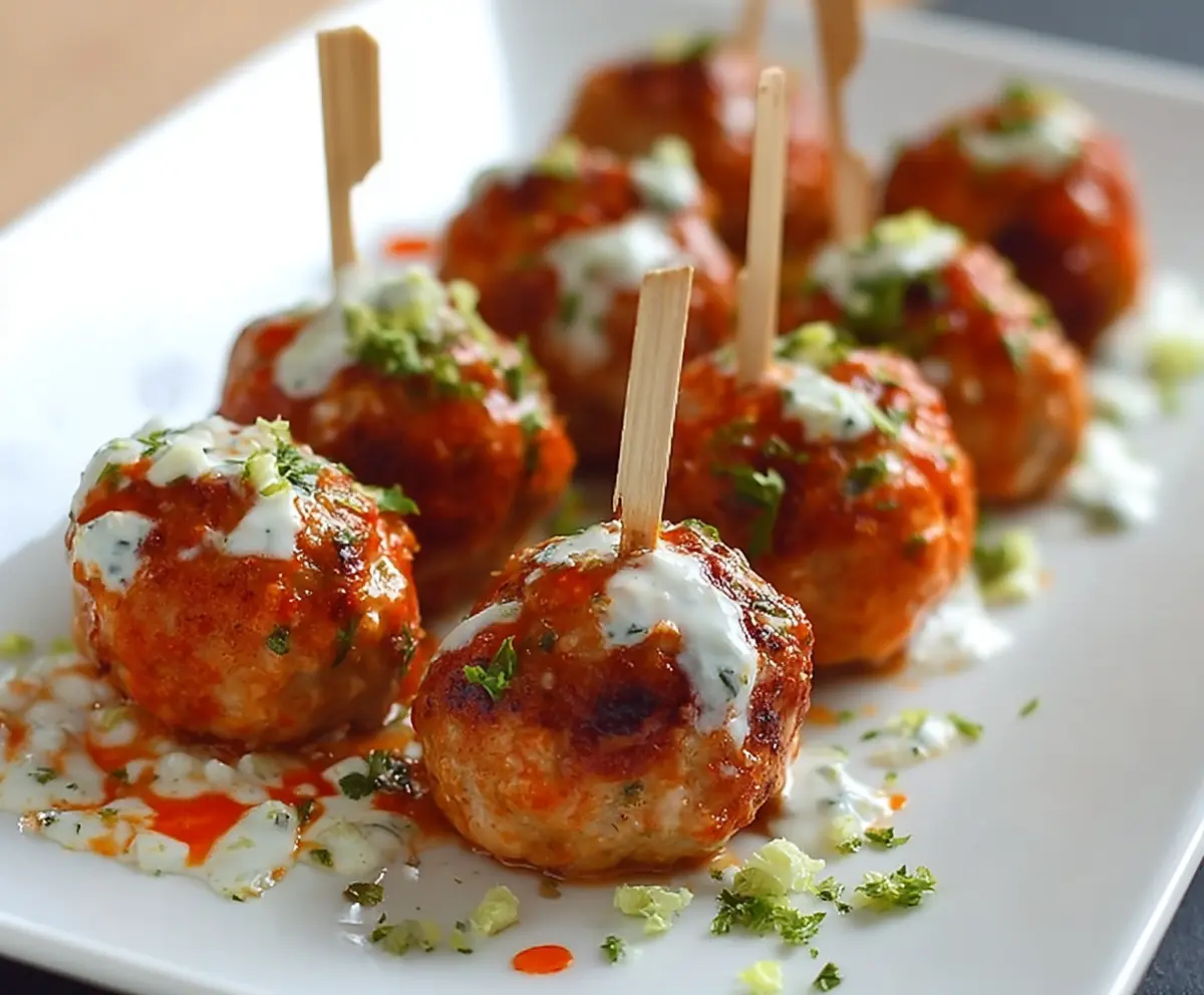Delicious buffalo chicken meatballs served with blue cheese dressing on a rustic plate.
